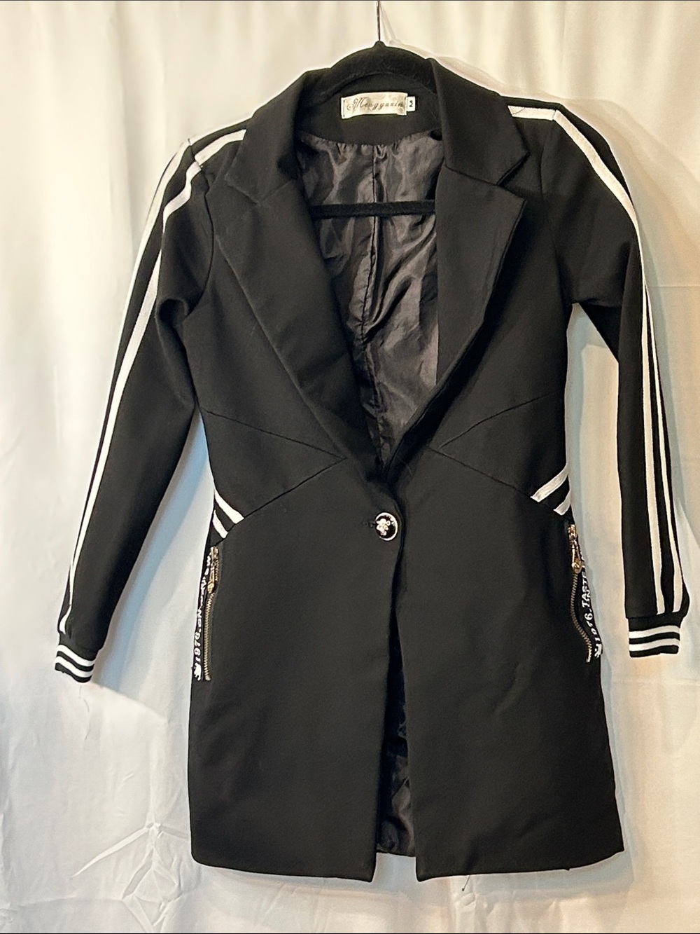 Black Women's Long Blazer Coat with White Stripe Accents